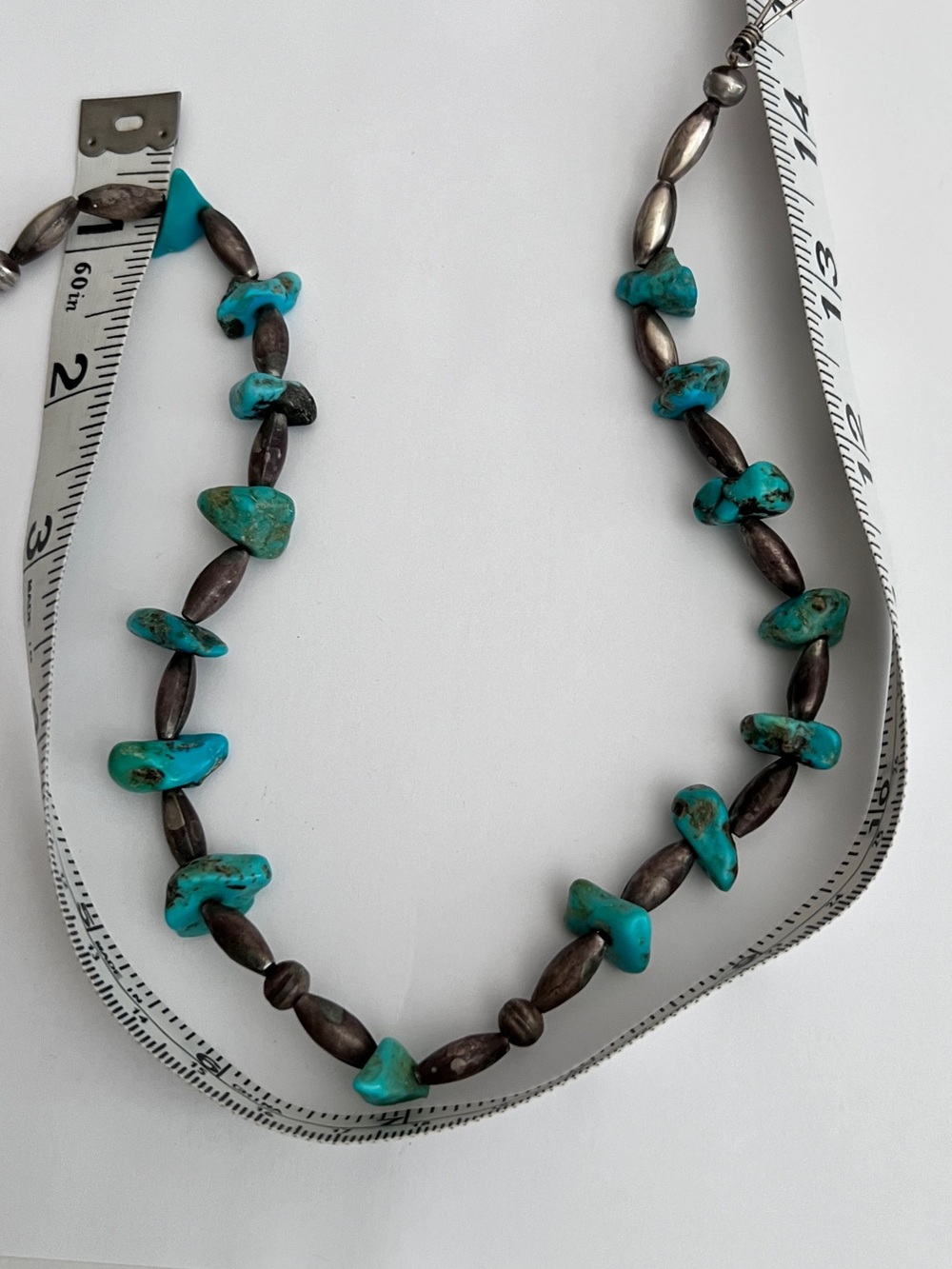 Vintage Silver Bead and Chunky Turquoise Necklace 14” with Hook & Eye.